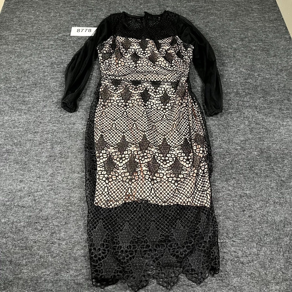 Bisou‎ Bisou Sheath Dress Womens Small Black Beige Lace Floral Round Neck Formal